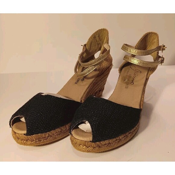 Gaimo Handmade Black/Tan/Metallic Espadrilles w/Ankle Straps Size 41 (US 10.5) - Picture 2 of 8